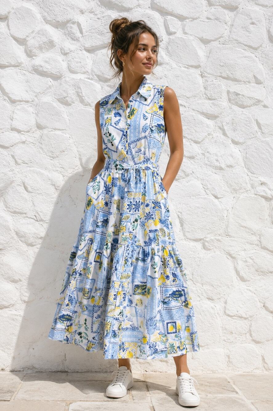 Crew Women’s Size 2 Cotton Sleeveless Maxi Shirt Dress Lemon Print Belted $159